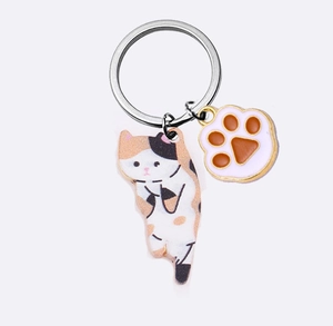 Close-up of cute calico cat and pink paw charms on a polished silver metal keychain