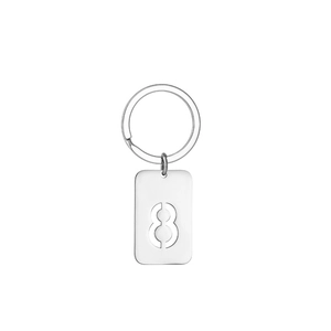 Detailed close-up of a silver stainless steel keychain with a hollow number 8 pendant