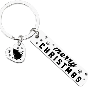 Silver stainless steel Merry Christmas keychain with engraved heart and bar pendants