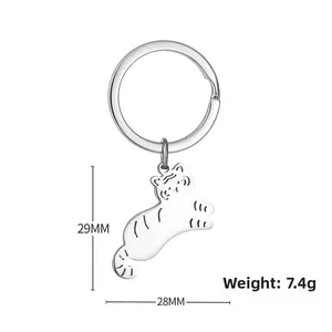 Polished silver stainless steel cat keychain showing precise dimensions 29mm by 28mm