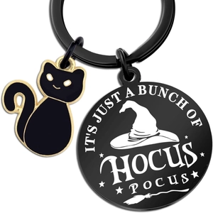 Hocus Pocus Halloween keychain featuring black cat charm and engraved witch hat round pendant