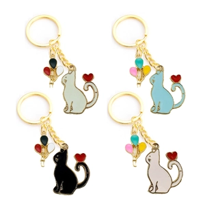 Mignon Porte-clés Chat Ballon en Alliage Émail Animal Cœur Queue Pendentif Plaqué Or Charme de Sac Cadeau Enfant Femme