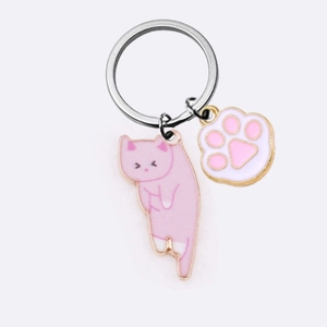 Cute pink cartoon cat keychain with enamel paw pendant and silver metal ring accessory