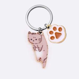 Cute cartoon cat keychain set with pink striped kitty and cat paw pendants for bags