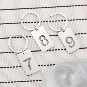 Polished stainless steel number keychains featuring cutout digits 7, 8, and 9 design