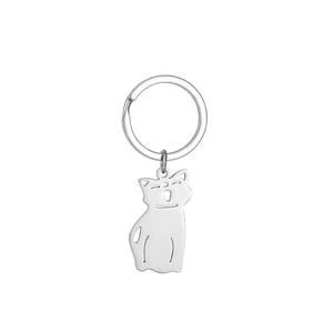 Polished silver stainless steel cat keychain with minimalist cutout facial details