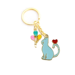 Porte-clés chaton bleu en alliage avec ballons colorés et petit cœur sur anneau doré