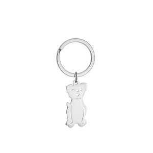 Polished stainless steel keychain featuring a minimalist winking dog pendant and ring