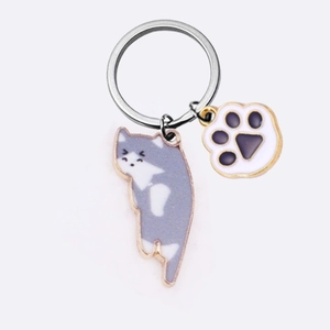 Cute cartoon cat and paw charms keychain with gold metal edges and grey enamel finish