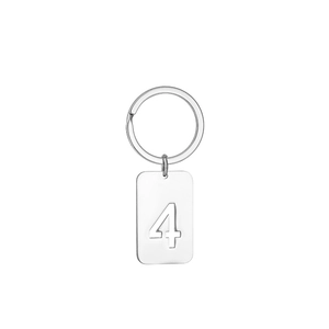Detailed view of silver stainless steel keychain with hollow number four pendant