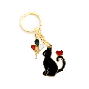 Porte-clés chat noir mignon avec ballons colorés et anneau en métal doré