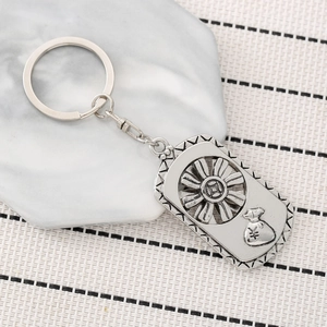 Vintage silver rotating flower metal keychain with square coin bag pendant design