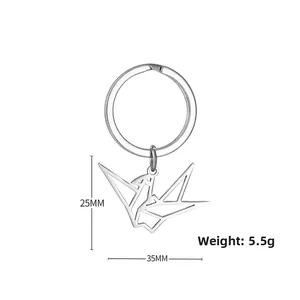 Detailed size view of silver origami crane keychain with 25MM height and 35MM width