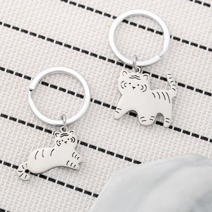 Cartoon Tiger Stainless Steel Keychain Cute Animal Backpack Pendant Keyring For Couples Friends Silver Metal Gift
