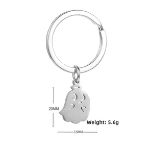 Detailed view of silver stainless steel ghost pendant keychain with size specifications