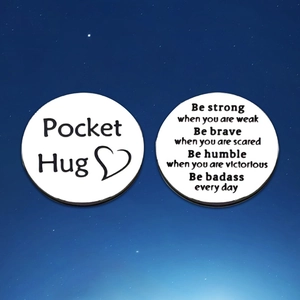 Engraved stainless steel pocket hug coin set with inspirational quotes on starry background