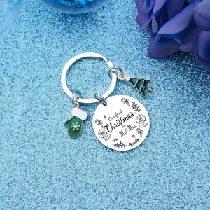 Mr. & Mrs. First Christmas keychain with stainless steel plate and festive charms