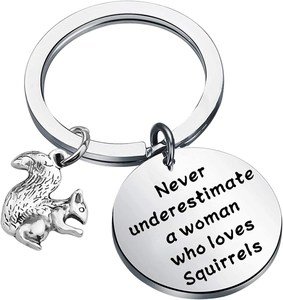 Detail of silver squirrel keychain with engraved disc for animal lovers gift