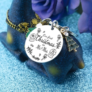 Our First Christmas as Mr & Mrs stainless steel keychain with festive enamel charms