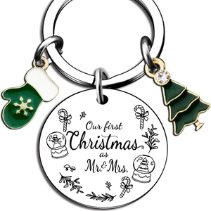 Our First Christmas as Mr. & Mrs. stainless steel keychain with enamel tree charms