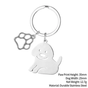 Stainless steel cartoon dog keychain with paw charm and measurements for pet lovers