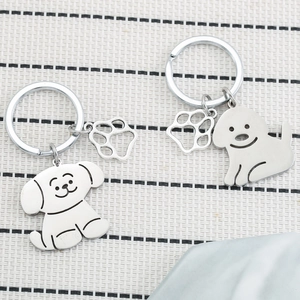 Cartoon Dog Stainless Steel Keychain With Paw Print Pendant Cute Pet Puppy Bag Charm Key Ring For Women Pet Lovers Gift