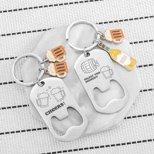 Polished stainless steel beer bottle opener keychains with Cheers and Enjoy engravings