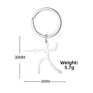 Detail view of fencing athlete stainless steel keychain showing 30mm size and 5.7g weight