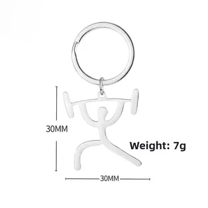 Detail of silver weightlifting stickman keychain showing 30mm size and athlete silhouette