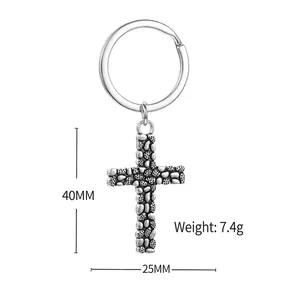 Retro hip hop cross keychain with pebble texture and vintage finish, 40mm long