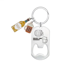 Detailed view of stainless steel beer bottle opener keychain with enamel charms