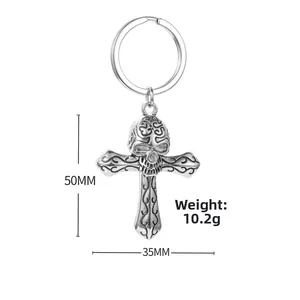 Detail of vintage skull cross keychain with ornate engravings and 50mm height
