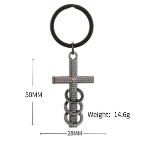 Gun black stainless steel guardian cross keychain with triple rings and engraved scripture