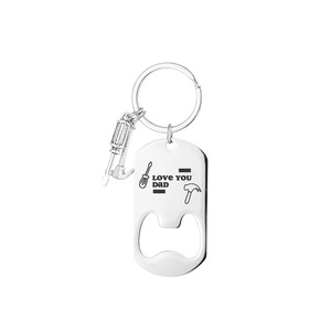 Close-up of silver stainless steel bottle opener keychain with Love You Dad engraving