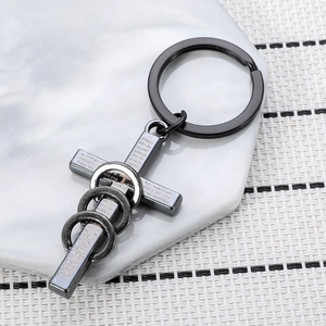 Hip hop religious cross keychain with triple ring design and laser engraved prayer details