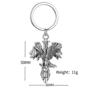 Vintage American eagle cross keychain in aged metal, 50mm height, creative car pendant