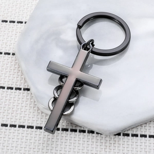 Hip hop style guardian cross keychain with gunmetal finish and triple ring pendant