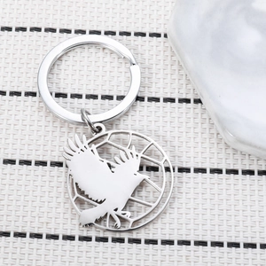 Stainless Steel Hollow Round Keychain With Flying Bird Crow Silhouette Pendant Geometric Grid Keyring For Backpack Jewelry Gift