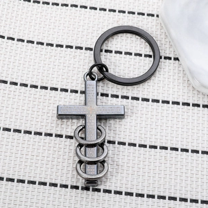 Hip hop black cross keychain with engraved prayer and triple interlocking rings design