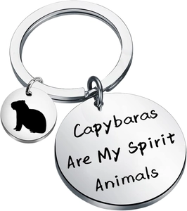 Stainless steel Capybara spirit animal keychain with engraved round pendant charms
