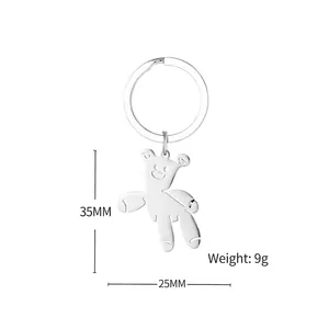 Polished silver stainless steel teddy bear keychain with dimensions 35mm by 25mm