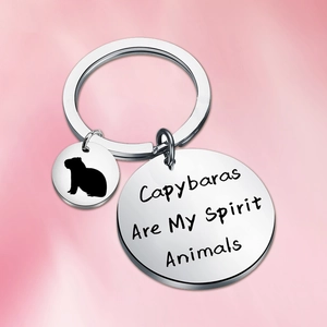 Stainless steel capybara keychain with engraved spirit animal quote and animal silhouette