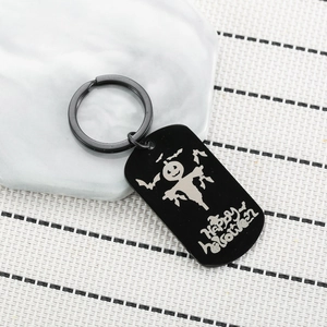 Porte-clés plaque militaire en acier inoxydable avec chat noir citrouille et Happy Halloween