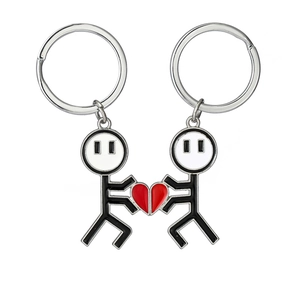 Detail view of magnetic stick figure couple keychain with a red heart and metal ring