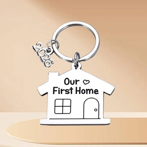 Stainless Steel House Shape Keychain Our First Home Engraved Key Ring With 2024 Year Charm Housewarming Gift For New Home