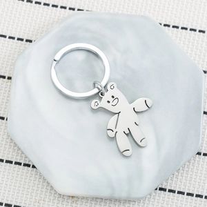 Polished stainless steel teddy bear keychain with silver mirror finish for bags