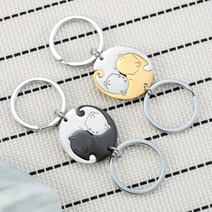 Minimalist Stainless Steel Cat Puzzle Keychain Set For Couples Valentine Day Gift Polished Interlocking Cat Pendant Keyring