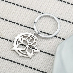Porte-clés Pendentif Lune et Lotus Ajouré en Acier Inoxydable Motif Géométrique Anneau de Clé en Métal pour Cadeau Unisexe