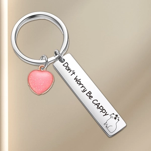 Detailed close-up of stainless steel Capybara keychain with engraved Don't Worry Be Cappy text