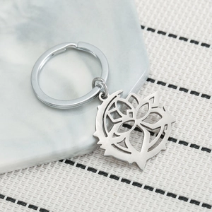 Porte-clés en acier inoxydable avec motif géométrique de lotus et design mandala